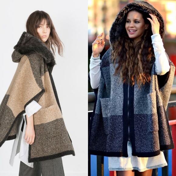 Zara Rare Tan‎ Grey Oversized Cape Poncho Coat Fur Hood Bloggers Size Small - Picture 1 of 12